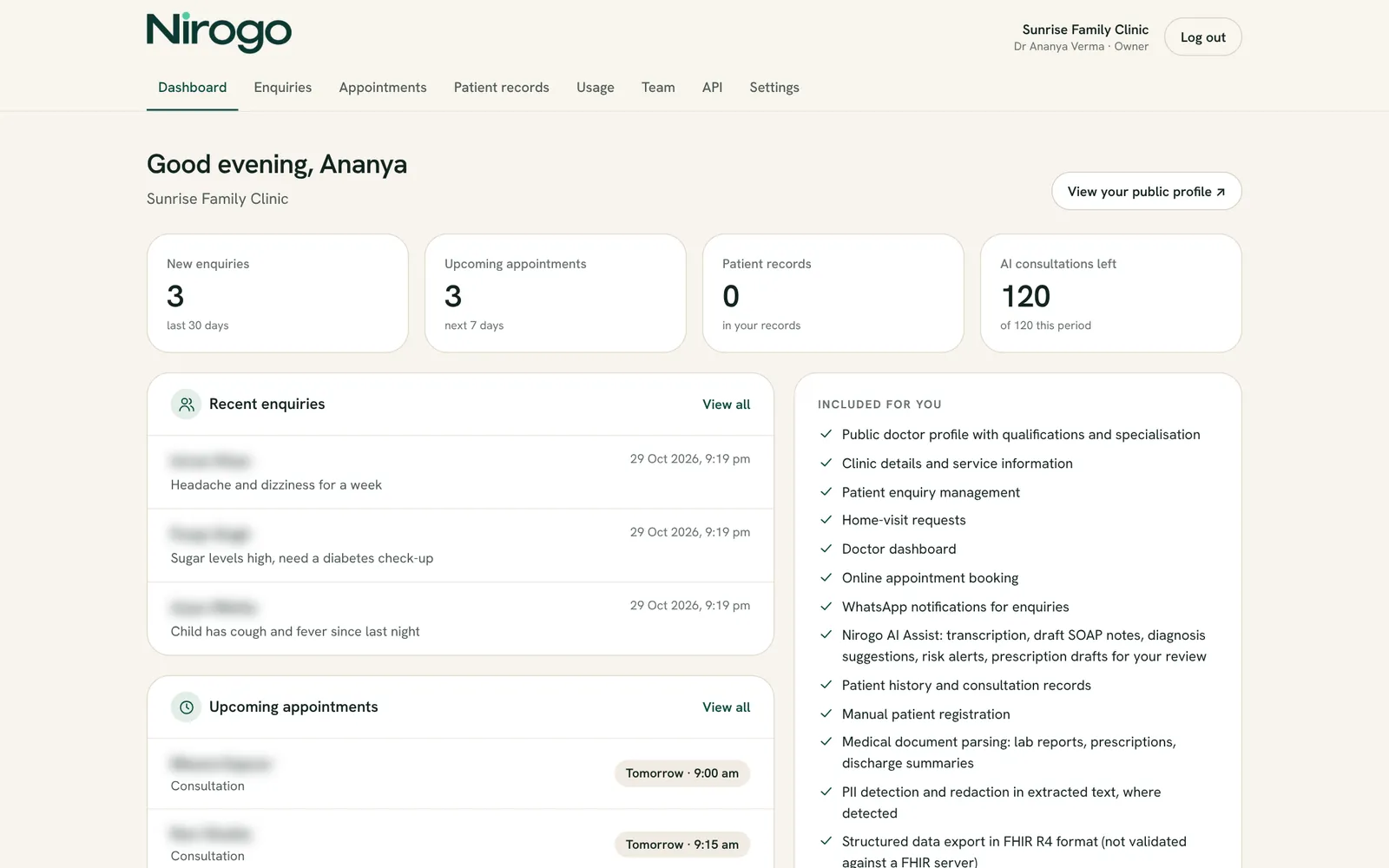 The Nirogo provider dashboard (personal details blurred)