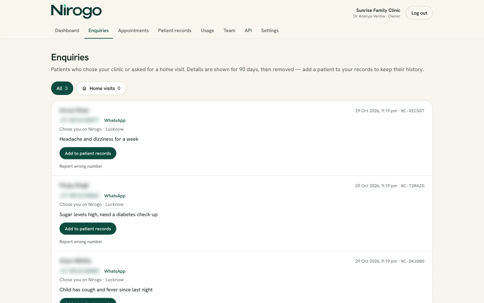 The Enquiries page listing patients' problems (personal details blurred)