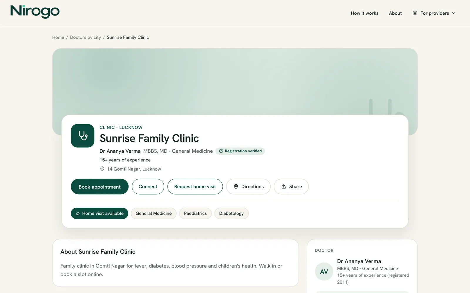 A clinic's public profile on Nirogo with the verified registration badge and booking buttons
